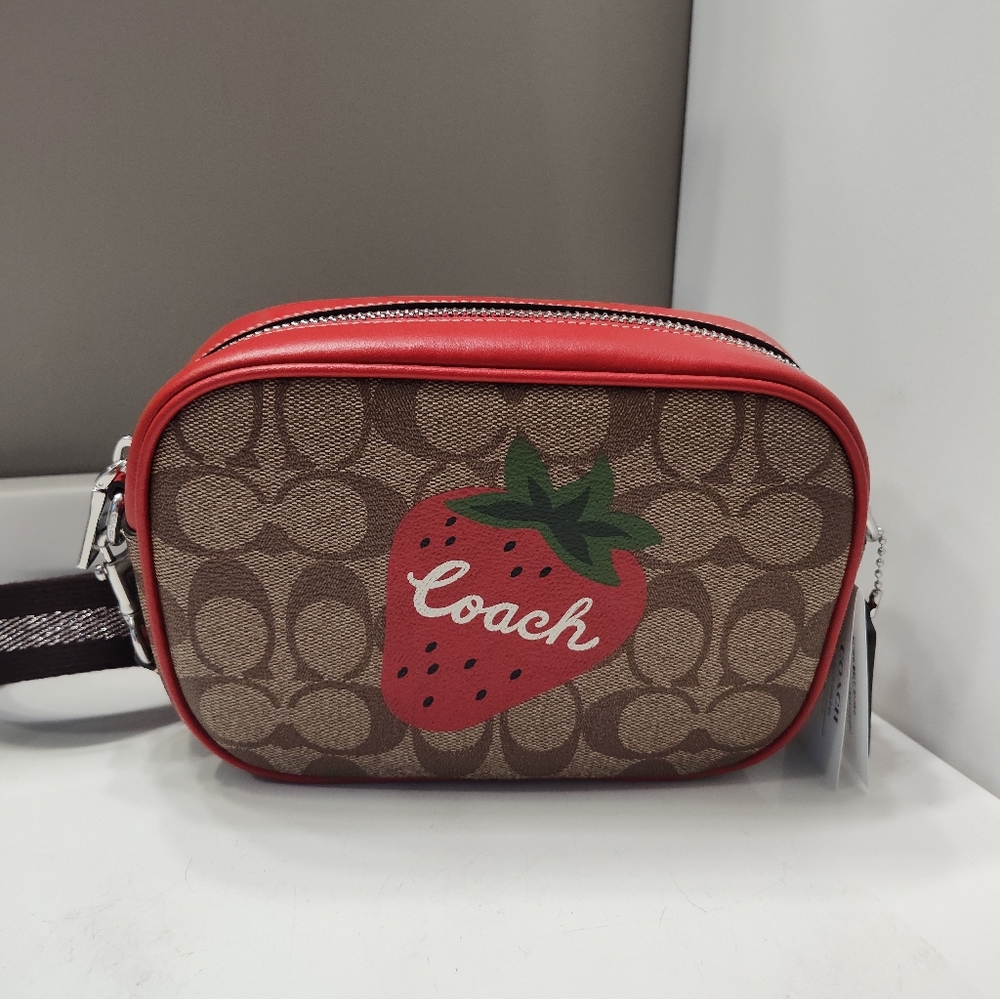 NWT COACH Mini Jamie Camera Bag  Signature Canvas Wild Strawberry Print Xbody
